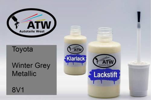 Toyota, Winter Grey Metallic, 8V1: 20ml Lackstift + 20ml Klarlack - Set, von ATW Autoteile West.